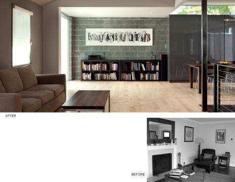 Before and after images of the living room, whcih now connects old with new.