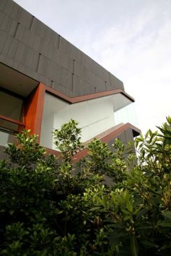 The architects designed a circulation/art display form that is framed in ipe.