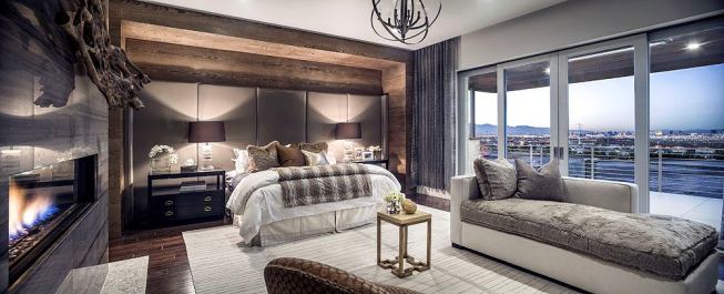 The second-floor master suite provides a serene sanctuary reminiscent of a vacation resort of spa. It incorporates many of the natural elements embraced by feng shui principles: fire, water, metal, earth, and wood.