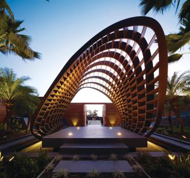 The basket pavilion welcomes visitors entering from the motor court and harks back to the island's basket-weaving traditions.