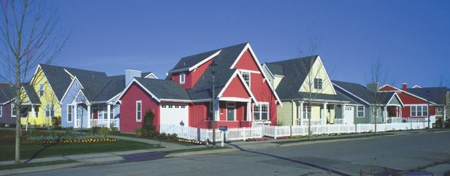 A bright, developer-chosen color palette helps differentiate the cottages in Poulsbo Place, the 2001 Project of the Year, from one another effectively and inexpensively. For more information on this project 
click here.
