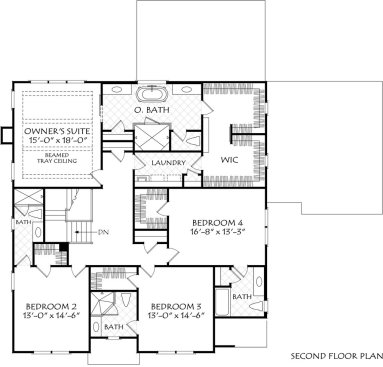 5-bedroom house plan with open layout, upper level. See details at Houseplans.com.