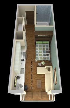 These overhead renderings show how an area in the micro apartment accommodates one bed, two beds, or a workspace.