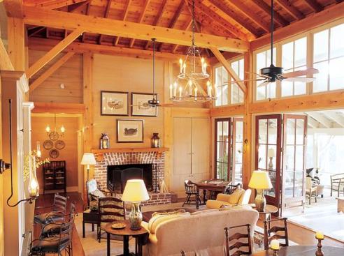 Cedar timber framing and cypress paneling soften a highly ordered interior layout.
