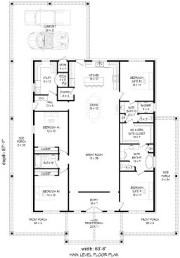 Simple house plan with two main bedrooms, floor plan. See more details at Houseplans.