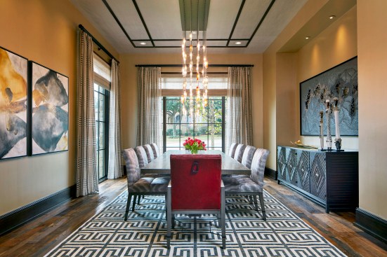 Everything is bolder in Texas! When conceptualizing this dining room, Michelle Rohrer-Lauer of Michelle’s Interiors mixed elements of classic design with bold patterns and colors to catch the eye of any dinner guest and create focal points of livable luxury.