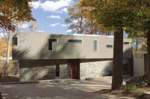 Horizontal layering de-emphasizes the home's height, better enabling it to fit into its leafy surroundings.