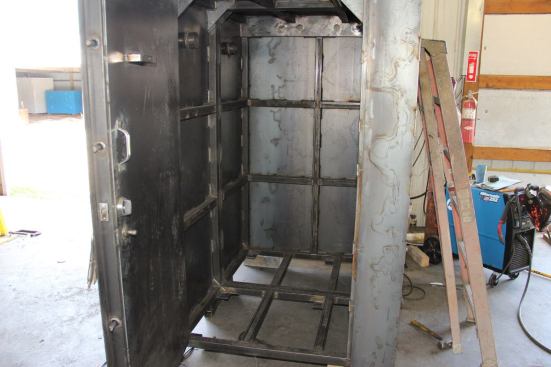 A Twister Safe under construction at the company’s facility south of Joplin, showing the reinforcing steel ribs in the ¼-inch steel plate box walls. Operating and construction details of the steel reinforced door and its five-point closing and locking mechanism are proprietary.