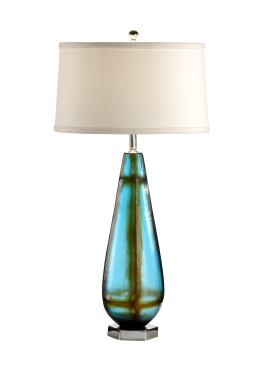 Slender Vase Lamp with art glass and nickel accents.