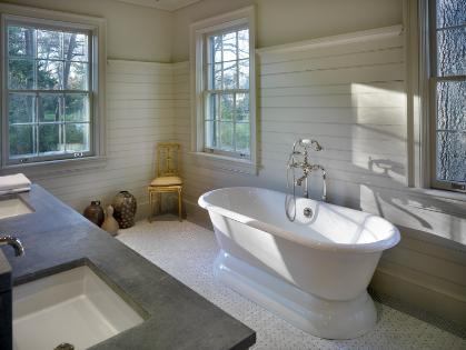 Structural issues: Pursley Architecture and HWB worked together to navigate beams and other structural elements to install the plumbing features without disturbing the plaster dining room ceiling, located below the master bath. Lighting and drains were moved to accommodate the existing structure.