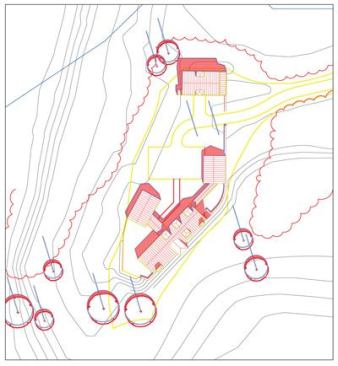 Like the old European towns whose clustered buildings helped to shape public spaces, these companionable structures allow the landscape to slip in among the buildings, creating intimate outdoor areas for entry, entertaining, and working.