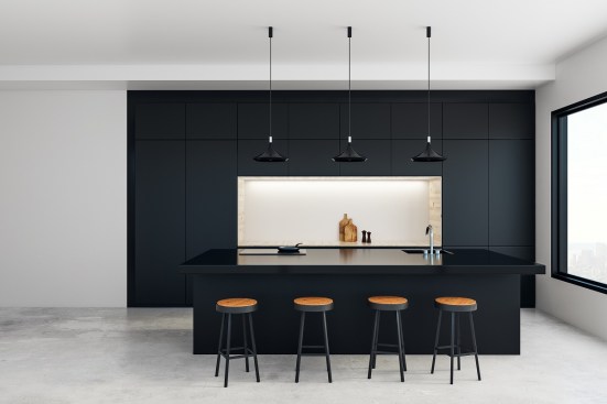 Modern kitchen studio interior with furniture and daylight. 3D Rendering
