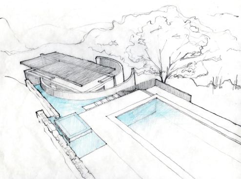 Ivy-covered curved walls and a lodgepole pine roof trellis help to hide the meditation pavilion.