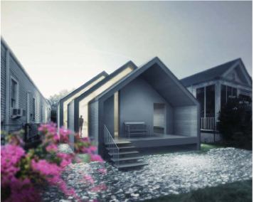 Ammar Eloueini

The R-House puts a new twist on the traditional shotgun style, slicing the pitched-roof home into sections that are offset horizontally or vertically, transforming the “row of rooms” feel into a dynamic space with a subtle circulation pattern and new views/access to the outdoors. This flexible design also allows for easy expansion through stacking and stretching.
