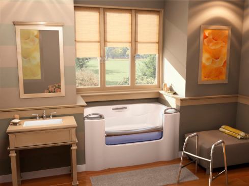 The Ava tub, which has a 35-inch door opening for easy access, drains up to 70 gallons of water in under 30 seconds. The door automatically raises up and down and features tempered, double-pane glass. It offers hydrotherapy options and also has an air bath feature. 800.877.2005. Aquatic. www.aquaticbath.com.