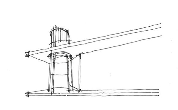 
        Another sketch detailing the angles of the top occulus and the narrow wooden slate the stop in alignment with the porch roof.