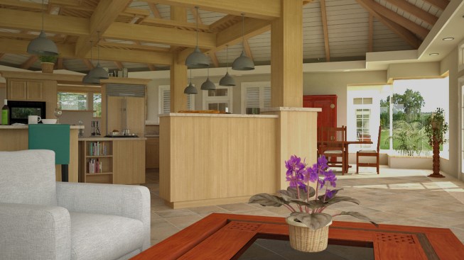 view from living area seating towards kitchen & dining area