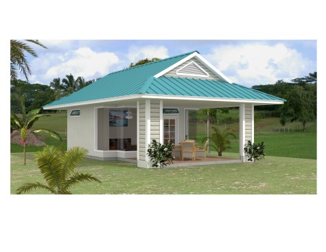 left perspective view with stucco exterior and metal roofing