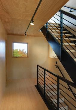 Lighting tracks recessed into the plywood ceilings echo the black finish of the steel staircase.
