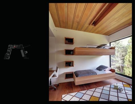 Beds cantilever off the wall, and bookcases double as a ladder via a mahogany dowel on the front edge.
