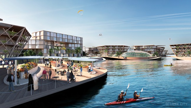 Oceanix City features a protected inner harbor for socializing, play, and commerce.
