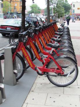 Bikesharing is big around D.C.’s urban neighborhood. Bikes can be rented one place and dropped off another.