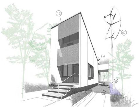 Bild Design

The design features a folded roof plane for optimal solar and water collection. The Scheme E design can be mirrored north and south or east and west depending on the site. The mechanical zone is situated on the upper level, under solar panels and off the ground for easier maintenance. An upper-level terrace, over the lower-level deck, can be made into a roof garden or later enclosed for another room. Shading panels shield the front and rear.