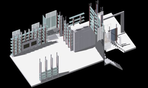 An axonometric rendering of the house and insertions.