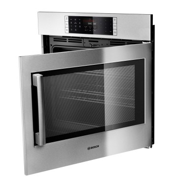 Best Kitchen Product
The Benchmark Wall Oven from Bosch gives universal design a boost with a side-opening door for easier access to the full oven cavity.  The 30-inch unit provides 4.6 cubic feet of capacity with three racks, and is compatible with the cut-outs of most major brands. True convection promises even cooking on multiple racks, and an EcoChef setting uses residual heat to complete the cooking process and save energy. Other user-friendly features include QuietClose doors, a multi-color touch interface, a delayed start timer, and 14 specialized cooking modes, including custom programs.