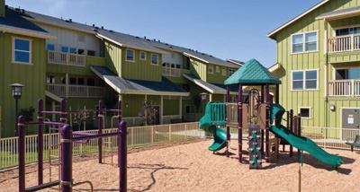 Multiple stairs facilitate easy access and diminish the “motel” feel, while gathering areas promote a safe, neighborly environment.
