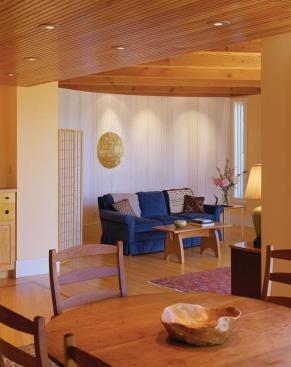 A section of fir-paneled ceiling defines the dining area and creates a transition from the kitchens finished ceiling to the open beams of the living room.