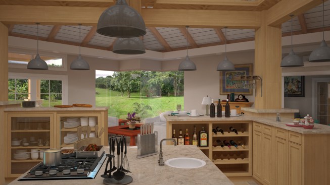 view through kitchen towards living room seating