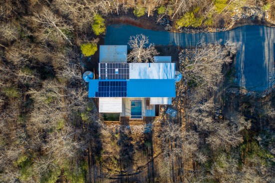 A drone’s-eye view of the roof and solar arrays.