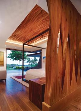 Digitally milled glulam beams suggest the structure and movement of palm trees.