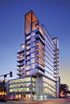  Perkins+Will's Ralph Johnson, FAIA, used glazed garage walls to integrate parking into the overall design of the 2005 Project of the Year, Contemporaine. For more information on this project, 
click here.