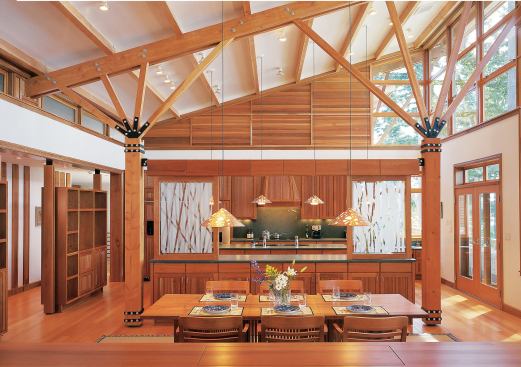 The reedlike pattern of the sandblasted glass panels between the kitchen and dining room echoes that of the copper lampshades.
