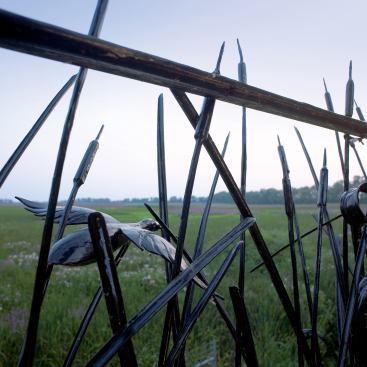 Handcrafted sculptures of reeds, cattails, and ducks form an outdoor railing.