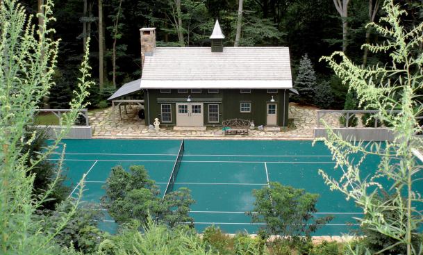 In the winter-time, the tennis court becomes an ice hockey rink.