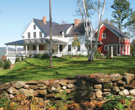The home’s Greek Revival-style exterior detailing suits its rural Vermont setting.