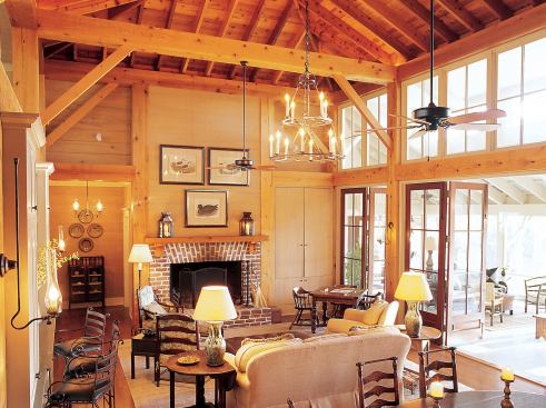 Cedar timber framing and cypress paneling soften a highly ordered interior layout. 