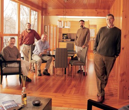 Choice Wood's brain trust -- partners (from left) Mark McClellan, Andy Berg, Chris Jordan, John Greely, and Nick Smaby -- convenes at one of the company's recently completed custom-home projects.