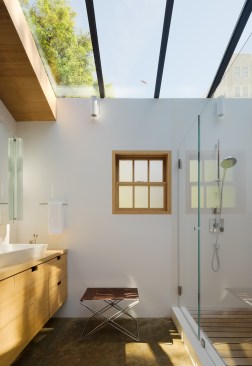 The wet area, shower, sink, and skylight in the Cow Hollow Residence's master bath.
