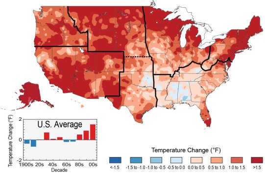 HOW HOT HAS IT GOTTEN? The colors on the map show temperature changes over the past 22 years (1991-2012) compared to the 1901-1960 average. The bars on the graphs show the average temperature changes by decade for 1901-2012 (relative to the 1901-1960 average) for each region. The period from 2001 to 2012 was warmer than any previous decade in every region.