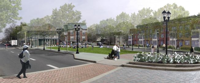 
        The plan re-imagines a series of 
unrelated buildings in downtown Mount Rainier, Md., as a cohesive 
municipal center. Officials have adopted it as a template for other 
mixed-use town centers in the county.
