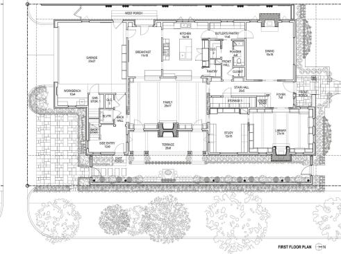 At the core of the first floor is the double-height family room, which flows to the kitchen and breakfast room, as well as to the outside terrace.