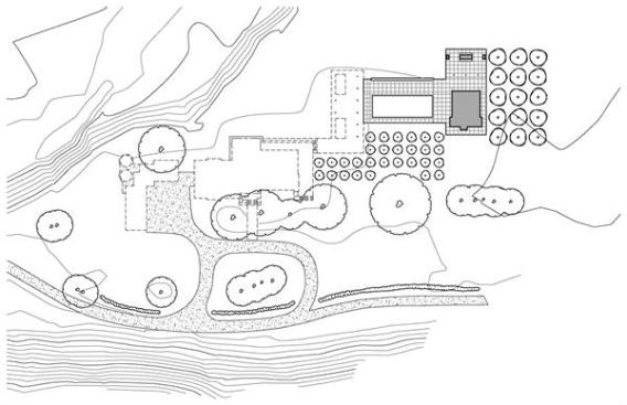 The project's site plan. Future plans call for a main house, plus two storage sheds and a shade structure linking the house and pool area.