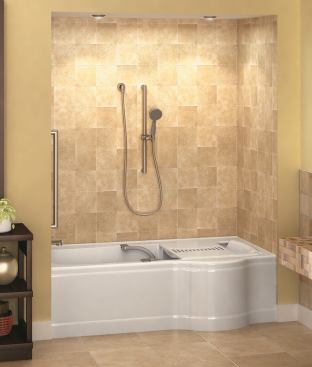 Delta. The company’s new Universal Design Bathing Systems offer barrier-free options that are functional without feeling sterile. Zero-threshold shower bases feature a built-in trench drain with a decorative stainless steel cover; zero-threshold shower enclosures include integrated grab bars, a flip-up seat, a Grail 17T shower with TempAssure controls and thermostatic valve cartridge, and an ActivTouch handshower. Finally, the Transfer Tub (shown) features a bump-out ledge for easy seated entry/exit or assistance from another person, aesthetically pleasing curved grab bars, and a detachable flip-up seat. The units are made with Styrofoam-backed acrylic. 
www.deltafaucet.com. 
–K.T.