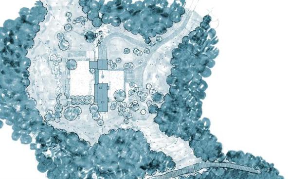 In plan, the lawns orthogonal planes respond to the architecture, breaking out of its narrow footprint. 