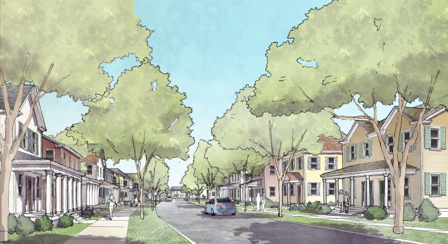 Street view of an on-the-boards master-planned community, looking toward its central park. Roads are narrower to calm traffic, minimize pavement, and ensure a human feel. Trees create a landscape zone between street and sidewalk. The project consists of layers going from the public to the private realm, with street-facing front porches raised above street level.