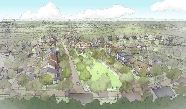 Bird’s eye view of an on-the-boards master-planned community. Its central park, a gathering place, is flanked by attached rowhomes. The park offers a counterpoint to that density. One of the MPC's two large open spaces, it will be a community destination and gathering place.